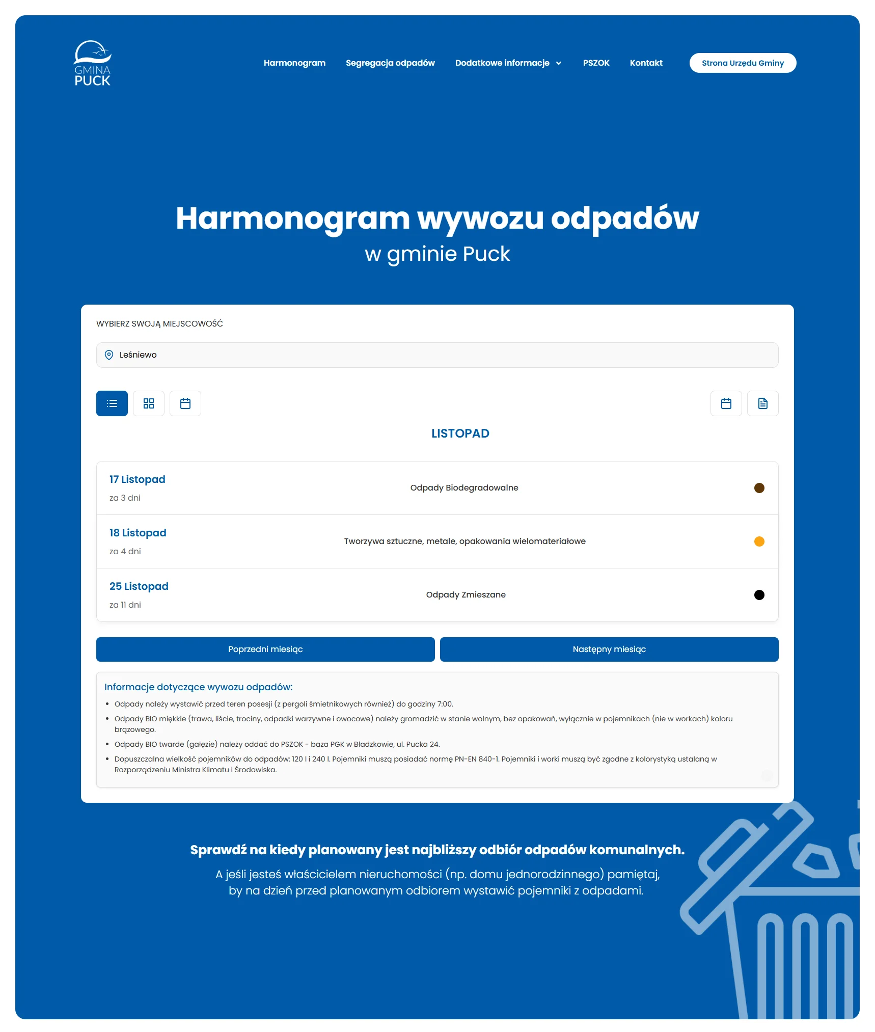 Widok lista — harmonogram odpadów